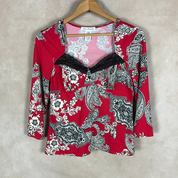 LINEA DONATELLA Red Paisley Lace Trim Pajama Shirt Size Medium - Picture 8 of 10